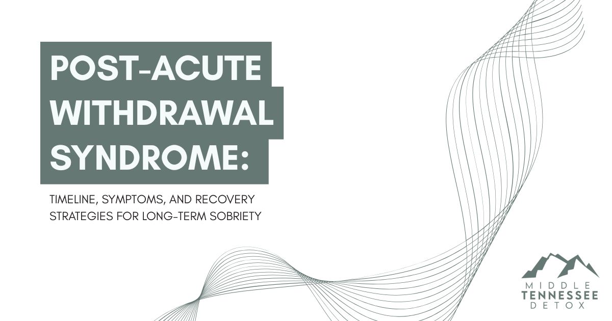 post-acute-withdrawal-syndrome-what-you-need-to-know-featured - Middle Tennessee Detox Post-Acute Withdrawal Syndrome title slide with subtitle on timeline, symptoms, and recovery; decorative wave lines and the Middle Tennessee Detox logo.