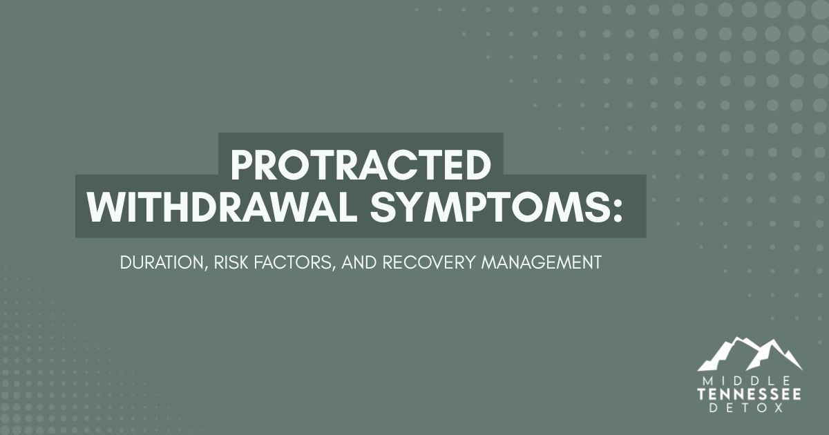 protracted-withdrawal-symptoms-guide-featured - Middle Tennessee Detox Presentation slide titled 'Protracted Withdrawal Symptoms: Duration, Risk Factors, and Recovery Management' with Middle Tennessee Detox logo bottom-right.