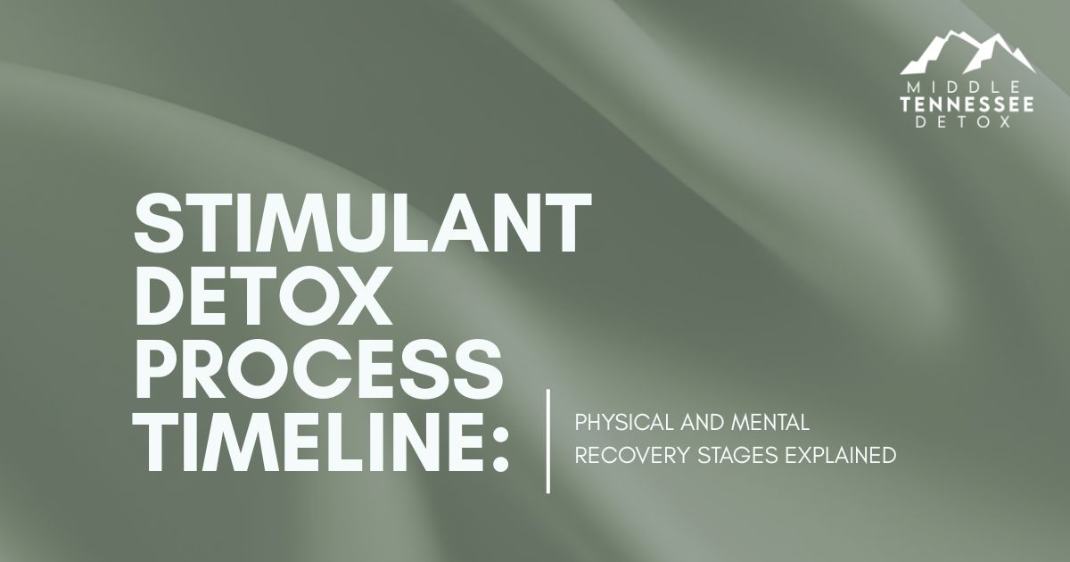 stimulant-detox-timeline-recovery-featured - Middle Tennessee Detox Hero image showing the title 'Stimulant Detox Process Timeline' with a subtitle about physical and mental recovery stages; Middle Tennessee Detox logo in the top-right corner.